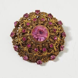 Vintage Pink Rhinestone Gold Tone Brooch Pin West Germany